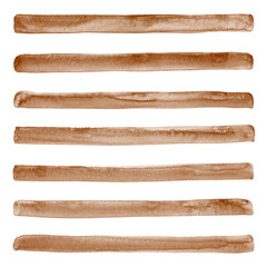 Coffee, chocolate brown watercolor stripes square background. Wide hand drawn watercolour streaks, long brush strokes, ribbons, lines, bars texture, pattern. Coffeehouse, cafe border template.