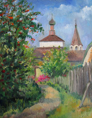 Church in Russia, summer day, oil painting