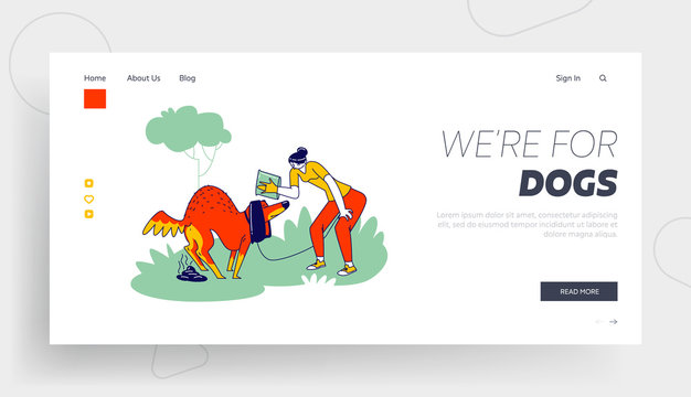 Dog Pooping in Park Landing Page Template. Female Owner Character with Plastic Bag on Hand Prepare to Remove Pet Shit from Ground Care of Environment and Save Nature. Linear Vector Illustration