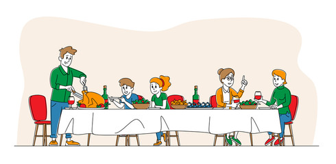 Big Family Feast, Thanksgiving Celebration Dinner at Table with Food. Happy People Eating Turkey Meal and Talking Together, Cheerful Characters Group During Festive Lunch. Linear Vector Illustration