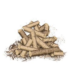 Waste compressed granules used as biofuel,  smell absorb etc. Wooden pellets. Organic, ecological and renewable mass. Vector, EPS 10