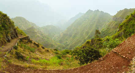 Santa Antao island in Cape Verde. Panoramic view of the fertile ravine valley with volcanic mountain ridge