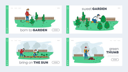 Gardening Work Landing Page Template Set. Cottagers or Gardeners Planting and Caring of Trees and Plants. Characters Work in Garden Watering, Digging, Care of Bushes. Linear People Vector Illustration