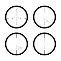 Set of sniper gun scopes. Focus on target. Binocular with measuring scale. Vector illustration