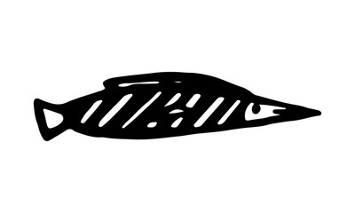 Hand drawn vector illustration of fish. Doodle outline illustration of sea creature isolated on white background. Cute drawing for children. Template for coloring, Black design element