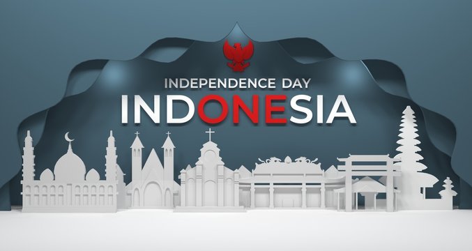 3d illstration of city building and proper worship of religious communities in Indonesia. Background for independence day banners and Indonesian national holidays.