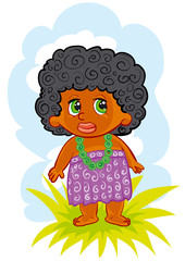 Vector flat african or papuan boy. Cute tropical jungle, exotic summer character. Funny black baby in loincloth, isolated object on white background,