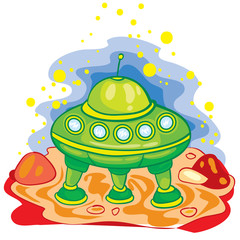 cartoon illustration, green flying saucer landed on some planet, isolated object on a white background, vector illustration,