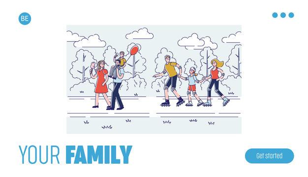 Happy cartoon family spend time together template linear landing page design