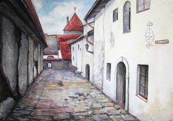 Fototapeta na wymiar Old street in Tallinn center, graphic illustration