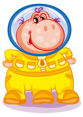 character cute pink alien in a yellow spacesuit who friendly waves his hands, isolated object on a white background, vector illustration,