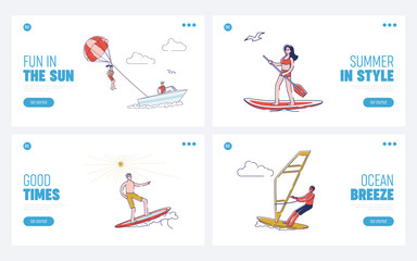 Set of landing pages templates for summer vacation activities. Active extreme holiday on seaside