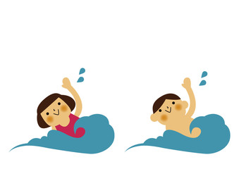 海水浴のイメージ。
泳ぐ子供。海で泳ぐ男の子と女の子。