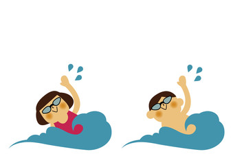 海水浴のイメージ。
泳ぐ子供。海で泳ぐ男の子と女の子。