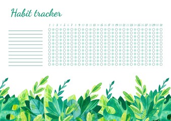 Habit tracker for month template. Tropical leaves themed blank, personal organizer with decorative frame. Jungle plants, palms. Border with stylized lettering