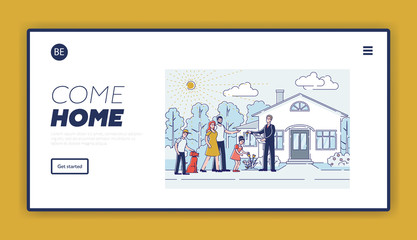 Obraz na płótnie Canvas Real estate agency landing page design with cartoon family purchasing new house