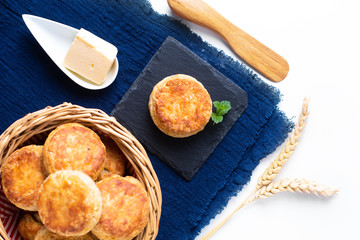 Obraz na płótnie Canvas Food concept Homemade browned crust butter milk American biscuits or Scones with copy space