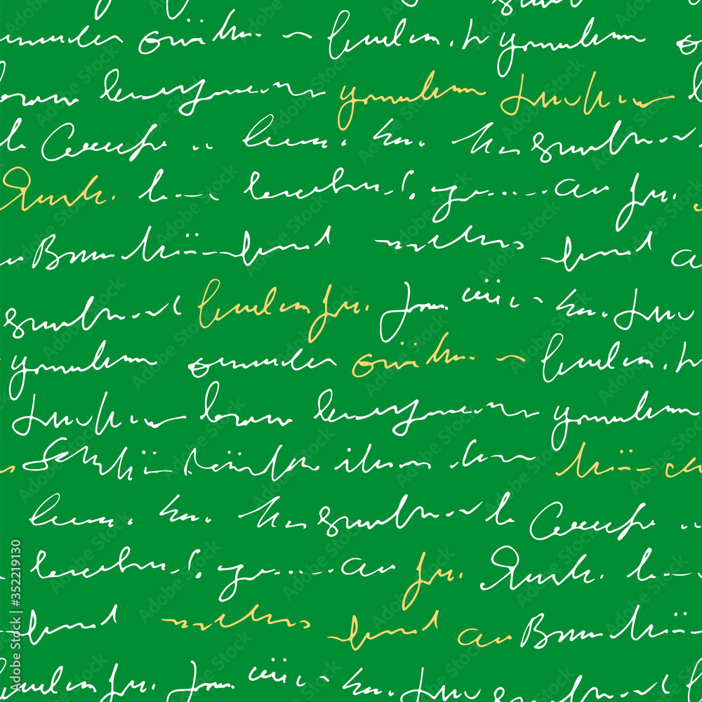 Poster Handwritten abstract text vector seamless pattern, vector monochrome script isolated on green chalk board background