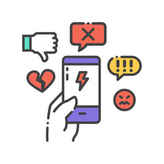 Cyberbullying victim hand holding smartphone. Abuse, internet, hate concept. Social media insult. Sign for web page, mobile app, button, logo. Editable stroke
