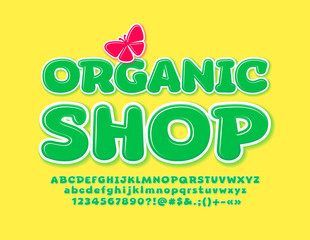 Vector modern logo Organic Shop with Green glossy Font. Creative Alphabet Letters and Numbers