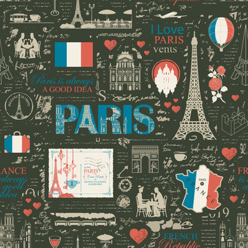 Vector seamless pattern on the France and Paris theme with drawings, inscriptions, architectural landmarks, map and flag of French republic on the background of black magazine page in retro style