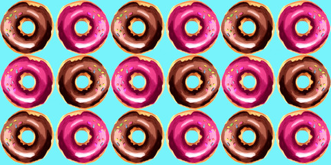 Fototapeta premium Donuts pattern on a turquoise background. illustration of baking. Chocolate and pink
