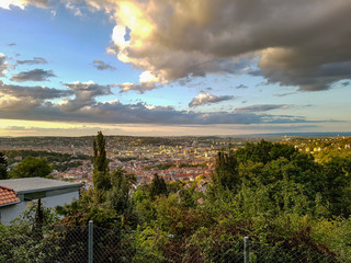 Big cloud over weinsteige view point plattform terrace look over stuttgart valley sunrise sunset...