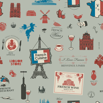 Vector abstract seamless pattern on the theme of France and French cuisine on a grey background in retro style. Suitable for wallpaper, wrapping paper, fabric, background, package