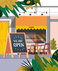street cafe facade with we are open board urban building house exterior coronavirus quarantine is over vertical vector illustration