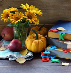 Back to school concept, autumn group composition with sunflowers, pumpkins, apples, fall leaves, alphabet letters and books on wooden background, closeup, copy space