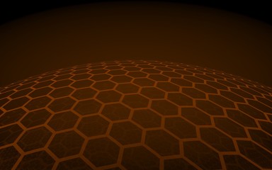Multilayer sphere of honeycombs, red on a dark background, social network, computer network, technology, global network. 3D illustration