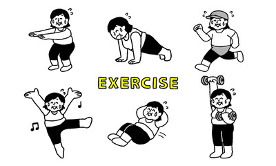 楽しそうに運動、体を鍛えるトレーニングウェア着用肥満女性セット文字付（シンプル）