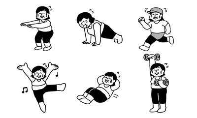 楽しそうに運動、体を鍛えるトレーニングウェア着用肥満女性セット（シンプル）