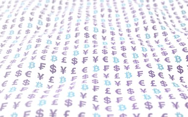 Bitcoin and currency on a white background. Digital crypto currency symbol. Wave effect, currency market fluctuations. Business concept. 3D illustration