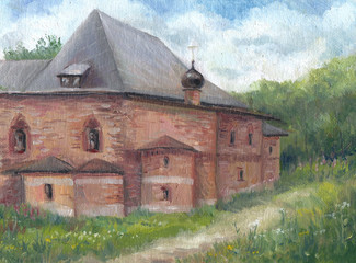 Red church in summer day, oil painting