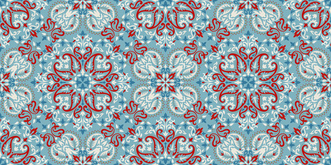 Rectangular seamless Bandana Print vector design for rug, carpet, tapis, shawl, towel, textile, yoga mat. Neck scarf or kerchief pattern design. Traditional ornamental ethnic pattern with paisley. - 352221150