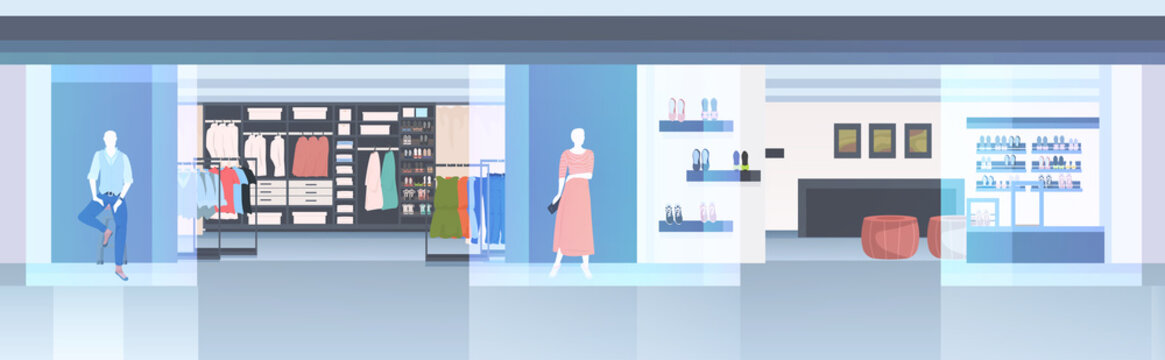 modern fashion shop interior empty n people clothes store horizontal vector illustration