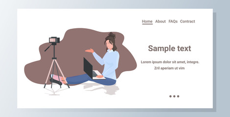 woman blogger recording video blog using camera on tripod live streaming social media network blogging concept isolated horizontal full length copy space vector illustration