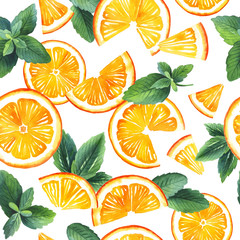Watercolor hand painted seamless pattern of orange slices with mint. Isolated white background. Food illustration for design cookbook, recipes, advertising, banner, label, menu, packing
