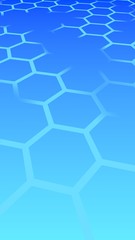 Translucent, with breaks, honeycomb on a gradient blue sky background. Perspective view on polygon look like honeycomb. Isometric geometry. 3D illustration