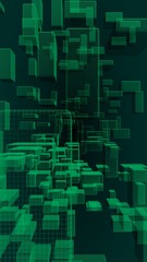 Green and dark abstract digital and technology background. The pattern with repeating rectangles. 3D illustration
