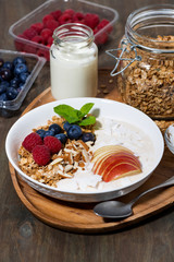 oat granola with apples and berries on wooden background, vertical