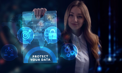 Business, Technology, Internet and network concept. Young businessman working on a virtual screen of the future and sees the inscription: Protect your data