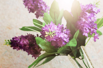 Bouquet of artificial lilac in a vase, sunlight