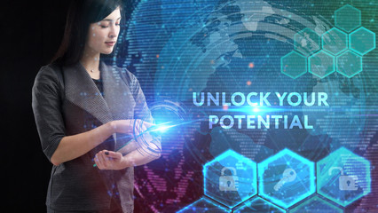 Business, Technology, Internet and network concept. Young businessman working on a virtual screen of the future and sees the inscription: Unlock your potential