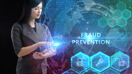 Business, Technology, Internet and network concept. Young businessman working on a virtual screen of the future and sees the inscription: Fraud prevention