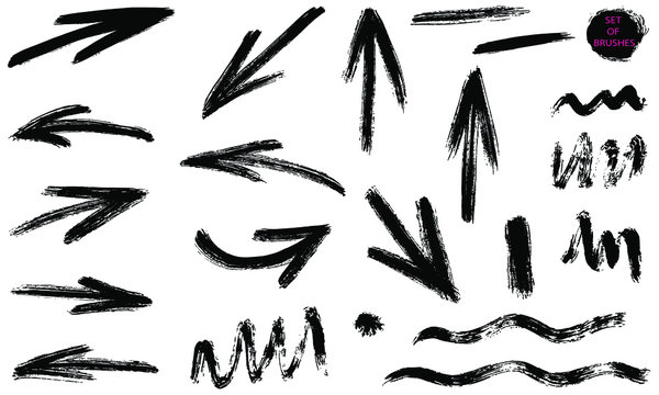 A set of brushstrokes. A collection of vector black arrows and lines, for grunge design and decor, isolated on a white background.