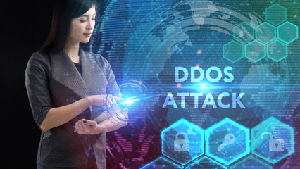 Business, Technology, Internet and network concept. Young businessman working on a virtual screen of the future and sees the inscription: Ddos attack