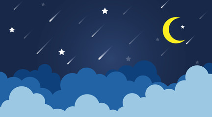 Obraz na płótnie Canvas Clouds landscape with stars and yellow moon starry the meteor entered the earth in the night dark blue sky background vector