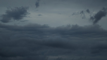 Ciel menaçant, chargé de nimbostratus.  Temps pluvieux